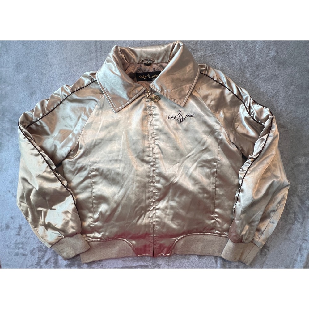 Baby Phat Bomber Jacket Womens XL Gold Satin Y2K Embroidered Cat Full Zip
